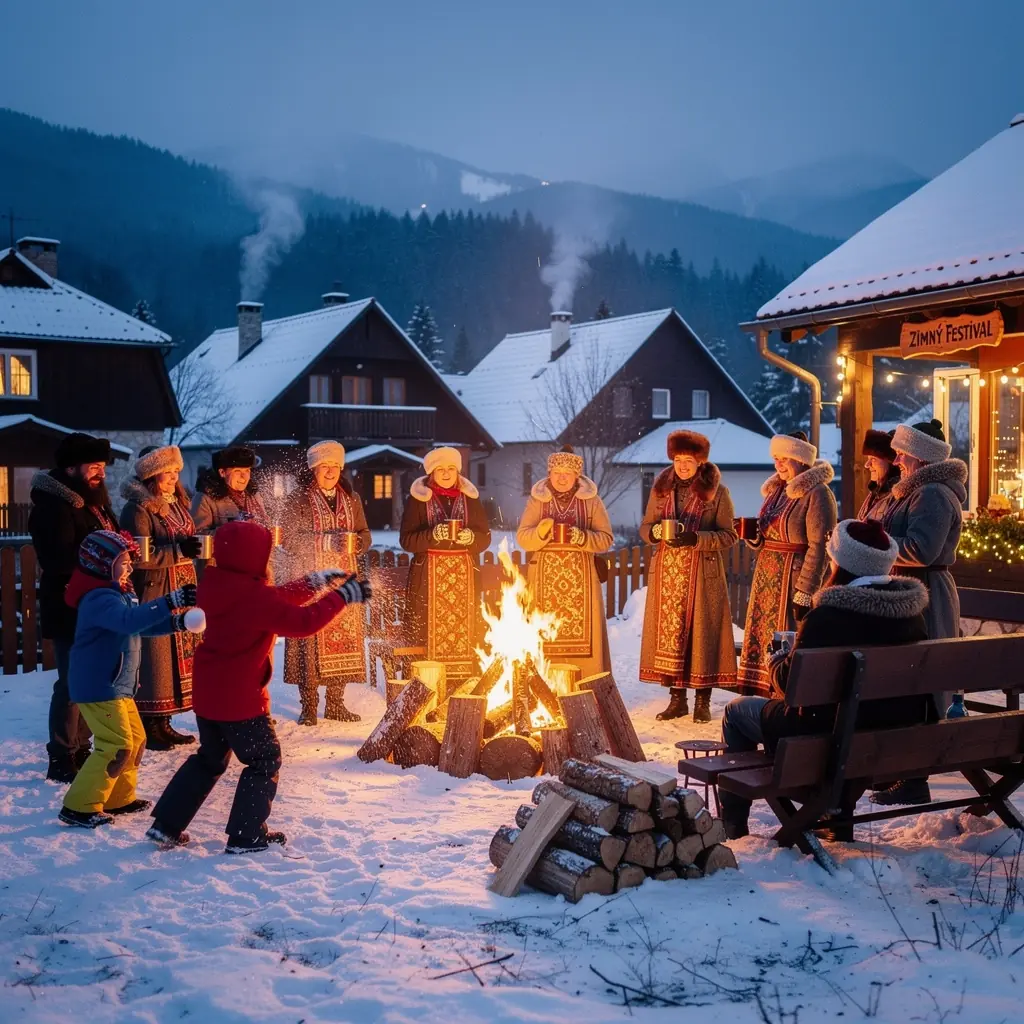 A picturesque view of an open-air museum showcasing traditional Slovak wooden houses surrounded by lush greenery.