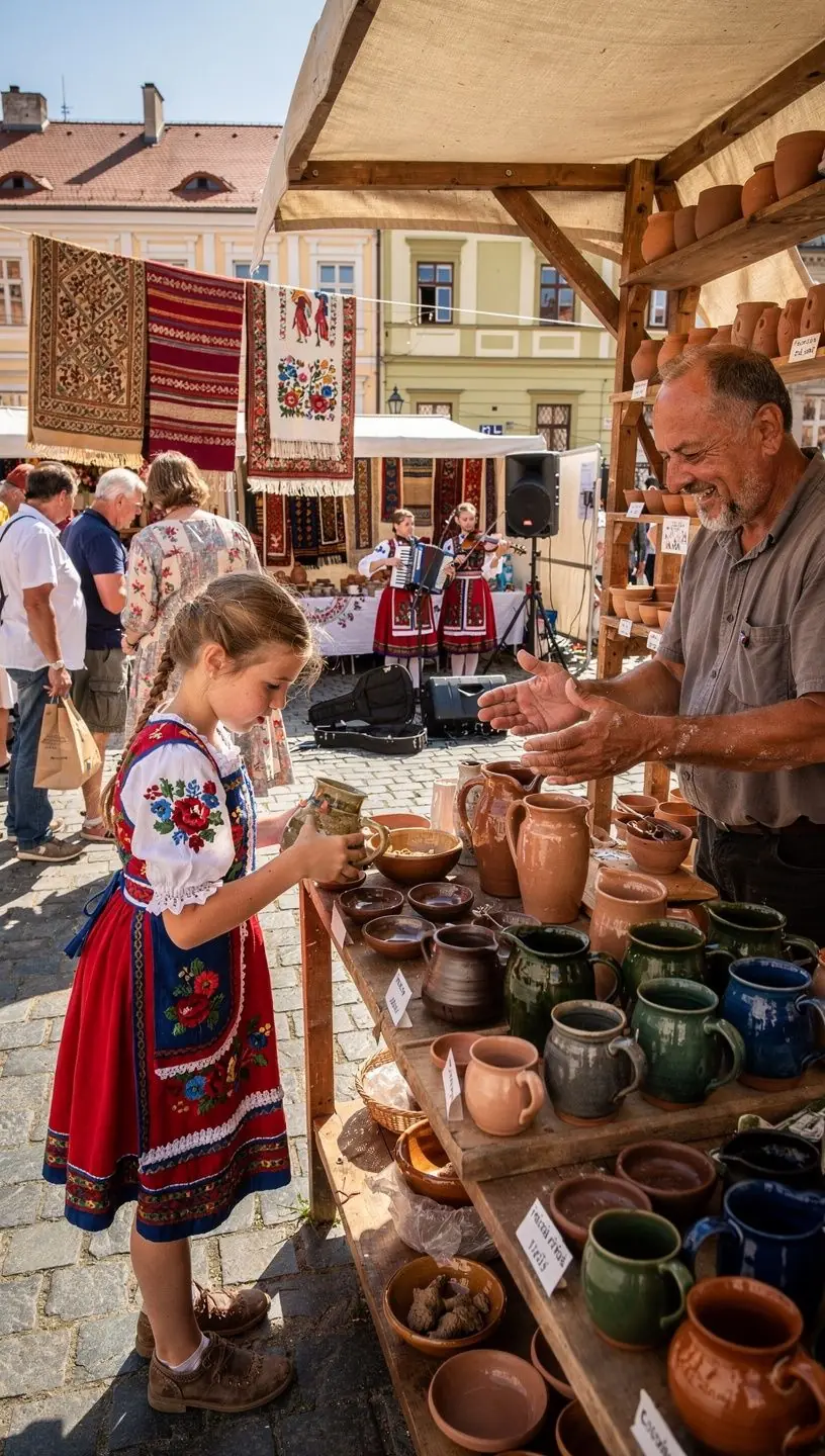 Visitors exploring an ethnographic village, interacting with costumed locals demonstrating traditional crafts and folk music.